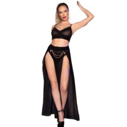Chilirose - Cr 4672 Top Negro Falda Y Tanga Con Cadenas Doradas de Chilirose Sets - Talla M | Piumer
