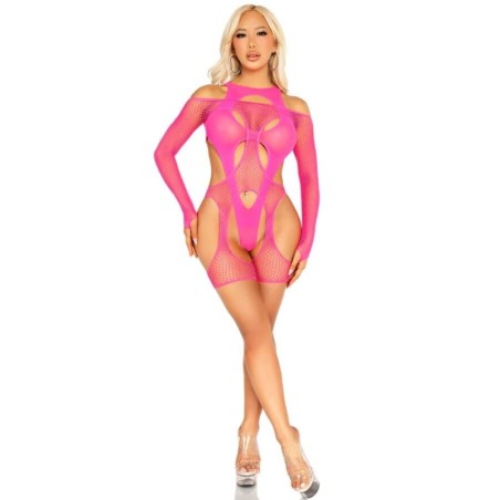 Leg Avenue - Body De Rejilla Con Liga Y Arnés Rosa Neón de Leg Avenue Teddies | Piumer
