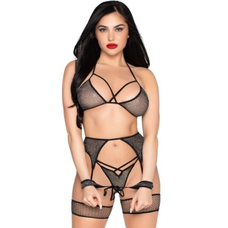 Leg Avenue - 89362 Set Top + Tanga + Liguero + Esposas Negro - Talla Única de Leg Avenue Sets | Piumer