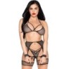 Leg Avenue - 89362 Set Top + Tanga + Liguero + Esposas Negro - Talla Única de Leg Avenue Sets | Piumer